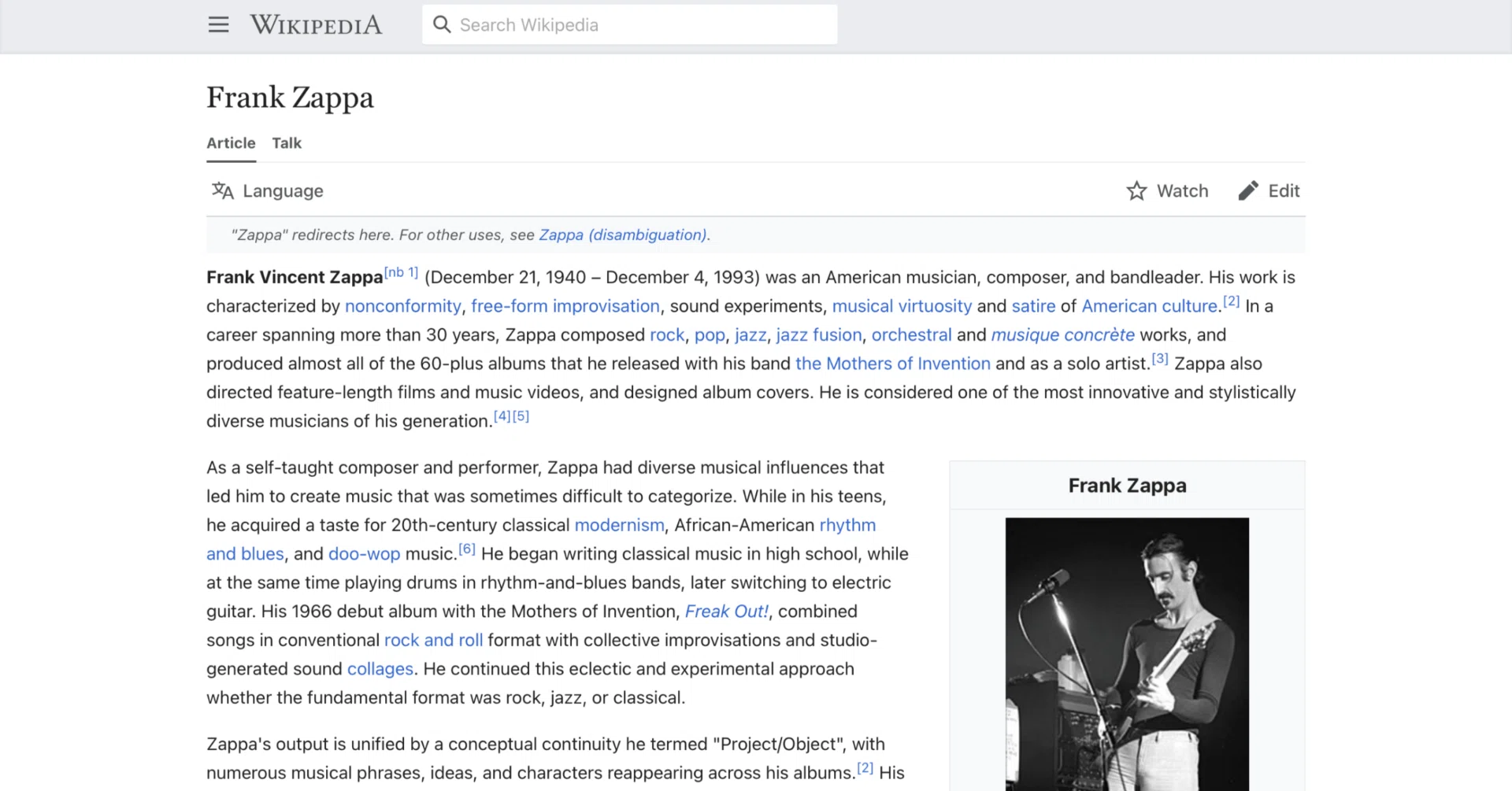 フランク・ザッパ】英語版ウィキペディアを日本語で読む【Frank Zappa 