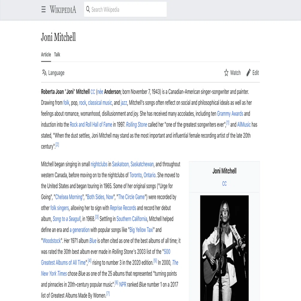 ジョニ・ミッチェル】英語版ウィキペディアを日本語で読む【Joni