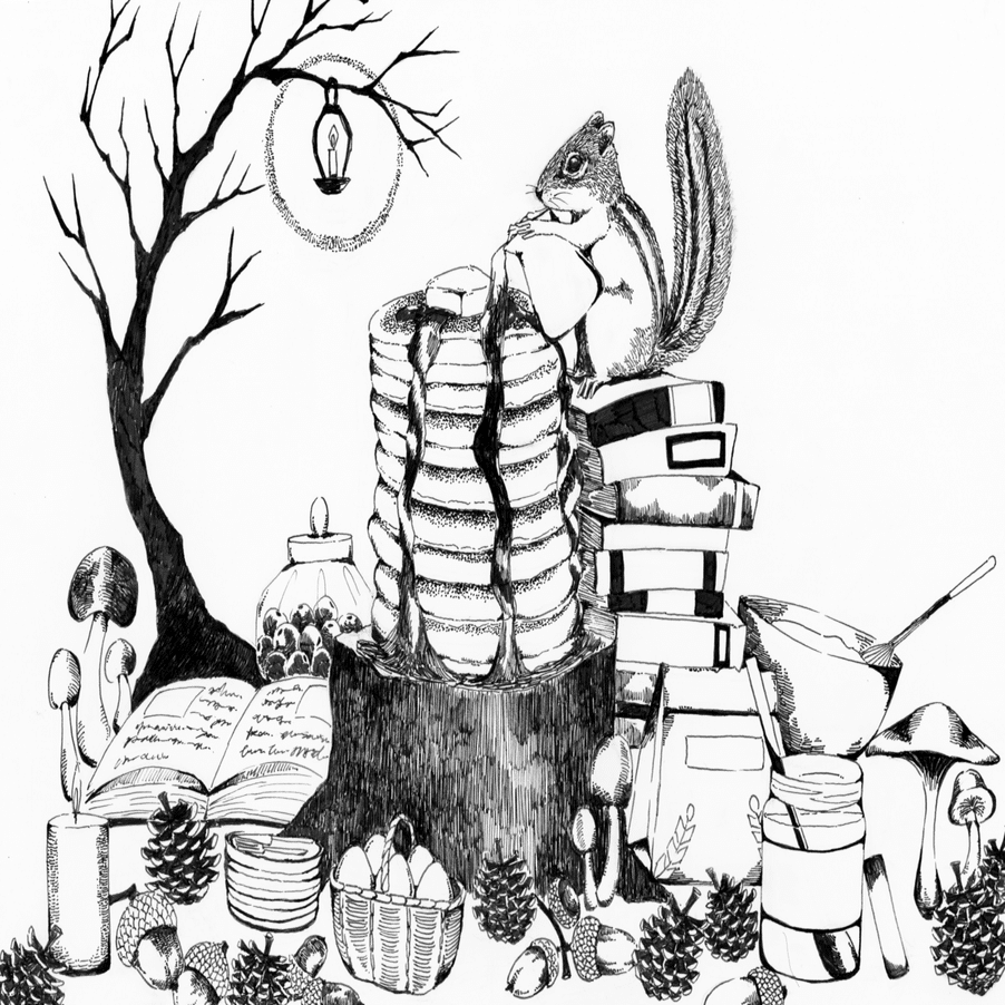 ペン画 イラスト リスのパンケーキ作り｜nerko（ネルコ）@水彩イラスト