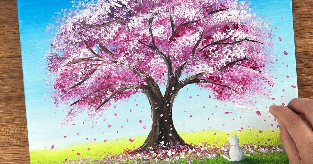 アクリル絵の具でスポンジと綿棒を使って「桜」を描いてみた｜junya_art