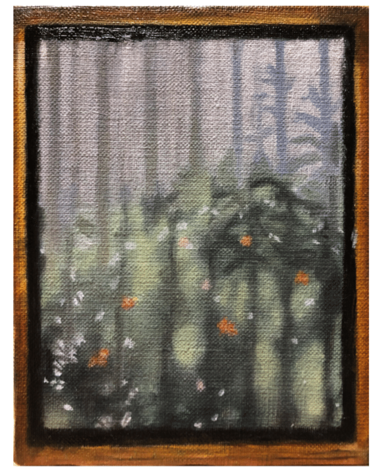 模様ガラスの東の窓に外の金木犀の影が映っています。220×120mm キャンバス