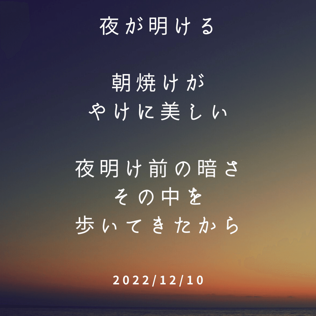 眠れない夜は長い 夜明け前が一番暗い そんな中でも共に歩くものがいるのは幸い 夜明けにみる朝焼けはやけに美しく その光は私たちを優しく照らした