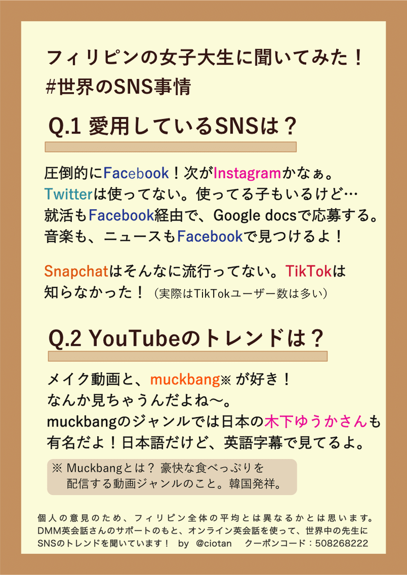 フィリピンの女子大生に聞いた 世界のsns事情 Dmm英会話 塩谷舞 Mai Shiotani Note フィリピンの女子大生に聞いた 世界のsns事情 Dmm英会話 塩谷舞 Mai Shiotani Note