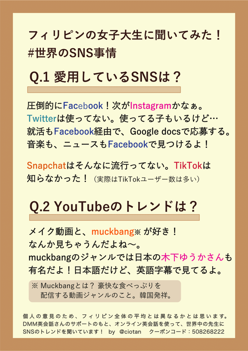 フィリピンの女子大生に聞いた 世界のsns事情 Dmm英会話 塩谷舞 Mai Shiotani Note