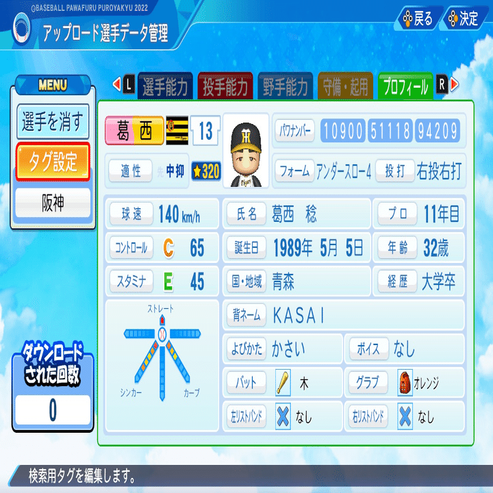 パワプロ2022 作成選手 葛西稔(2000年)｜ハムウルフクロー