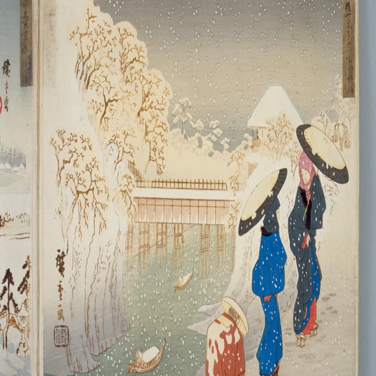 日本 イラスト 浮世絵 写実 写真 金 銀 お茶の水雪中の美人」−懸樋の名前はもう忘れません。−『銀世界東十二