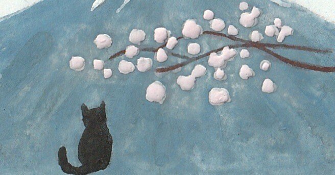 富士山と桜と黒猫の日本画｜森野なか