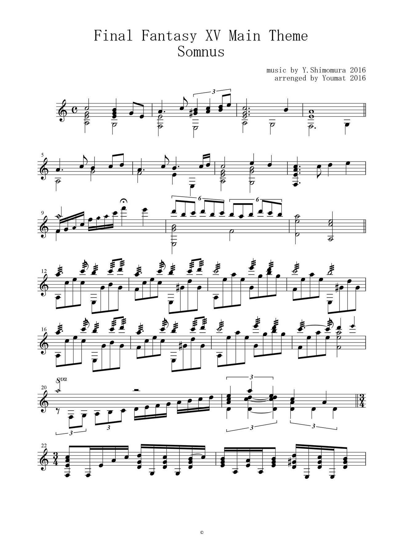 ファイナルファンタジー　楽譜　レア Free score FF15 main theme Somnus｜Youmat