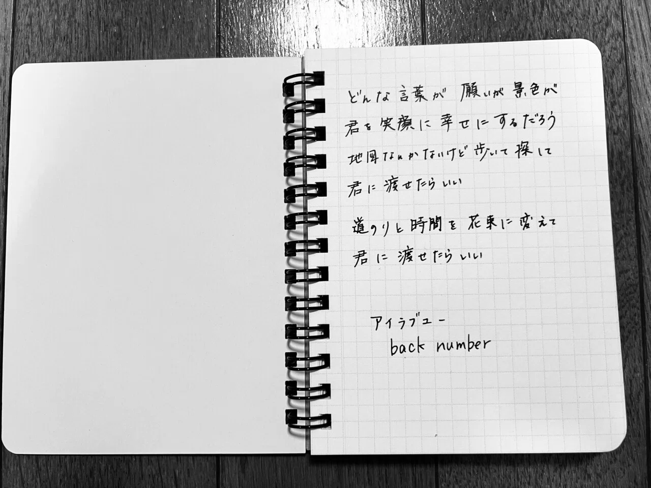 歌詞だったり小説だったり、なにげない言葉のフレーズを手書きで残していく。そうやって一冊のノートに言葉を綴り、私だけの手帳を作る。｜百瀬七海