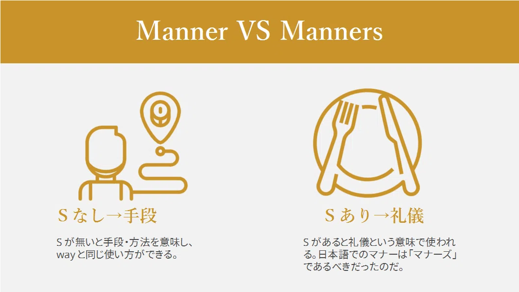 【マナー】和製英語な理由=MannerとMannersの違いが紛らわしいから(ハートに刺さるカタカナ英語解説 Vol.4)|グローバルなスロー ...