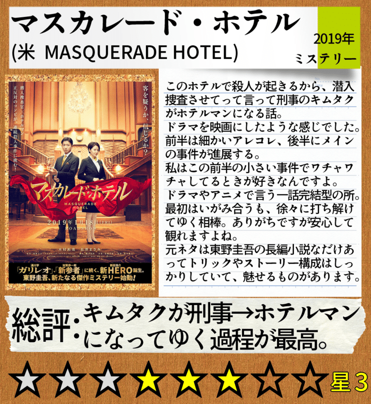 現在上映中の映画です。キムタクが男前なのを再確認しました。まぁ日本風というか、日本人は見やすい構成ですよね。推理も楽しめるし、できなくても楽しめます。大衆受けってやつですかね。