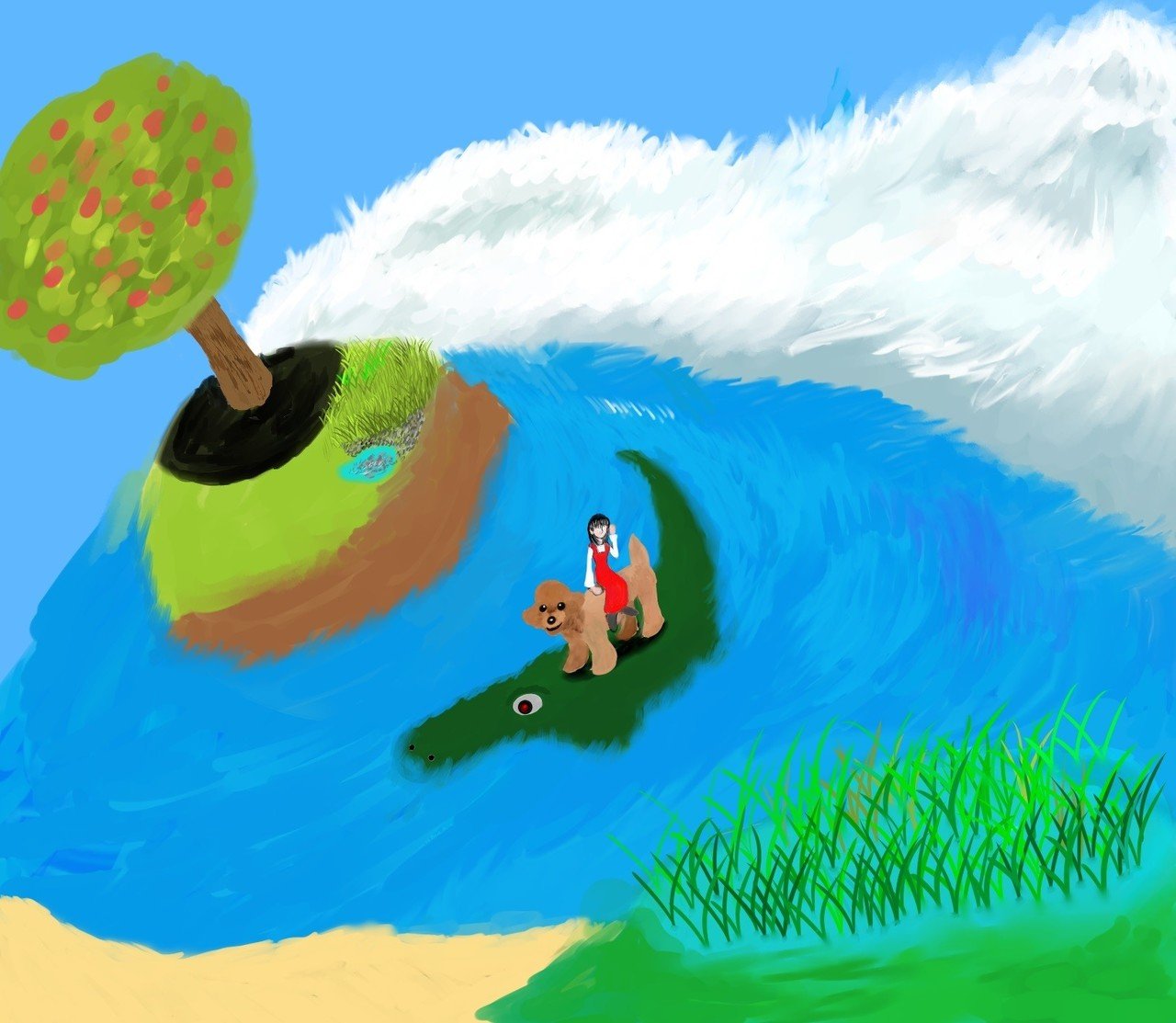 ある少女の空想 ワニに乗った犬と少女が海にいて 果樹の木と水田の間にいる Dragoniata Note