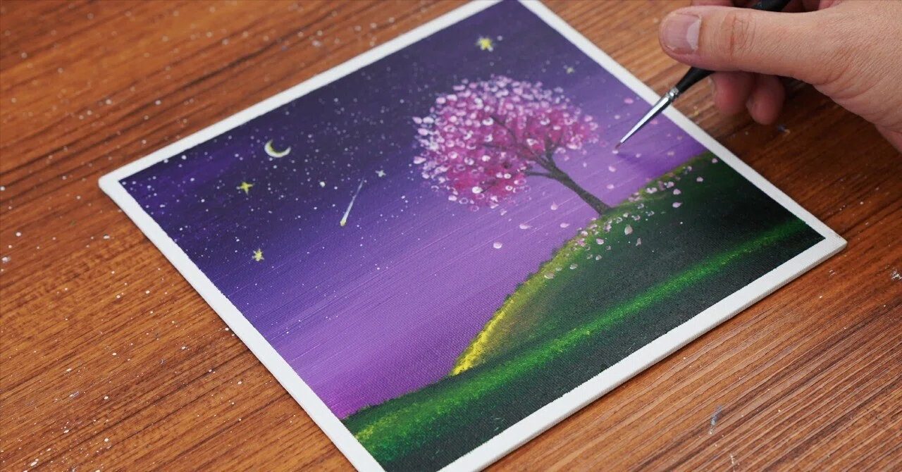 アクリル絵の具で「紫色の空と桜の風景」を描いてみた｜junya_art