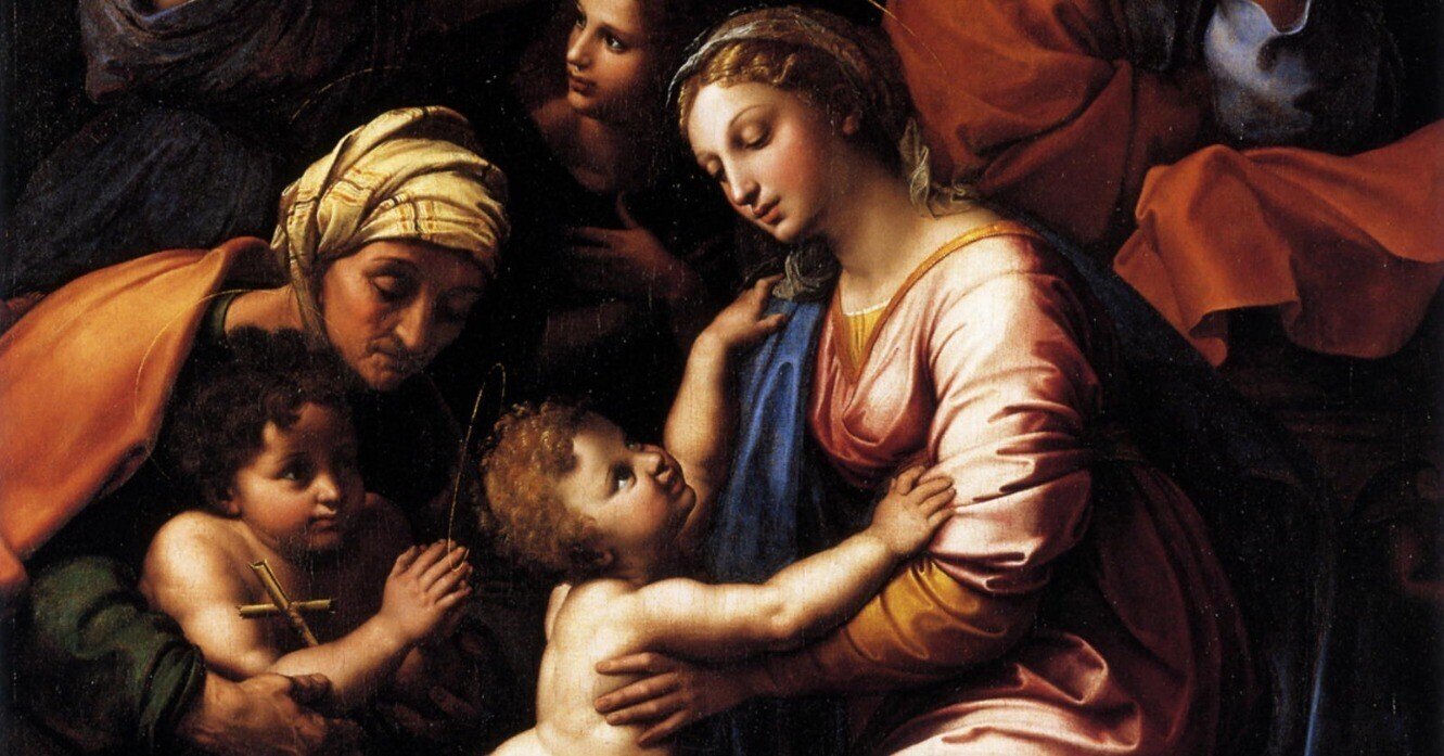 アンティークフランス銅版画 ラファエロの聖家族と予言者ヨハネと天使達 レース装飾 アンティークフランス銅版画 ラファエロの聖家族と予言者ヨハネと天使