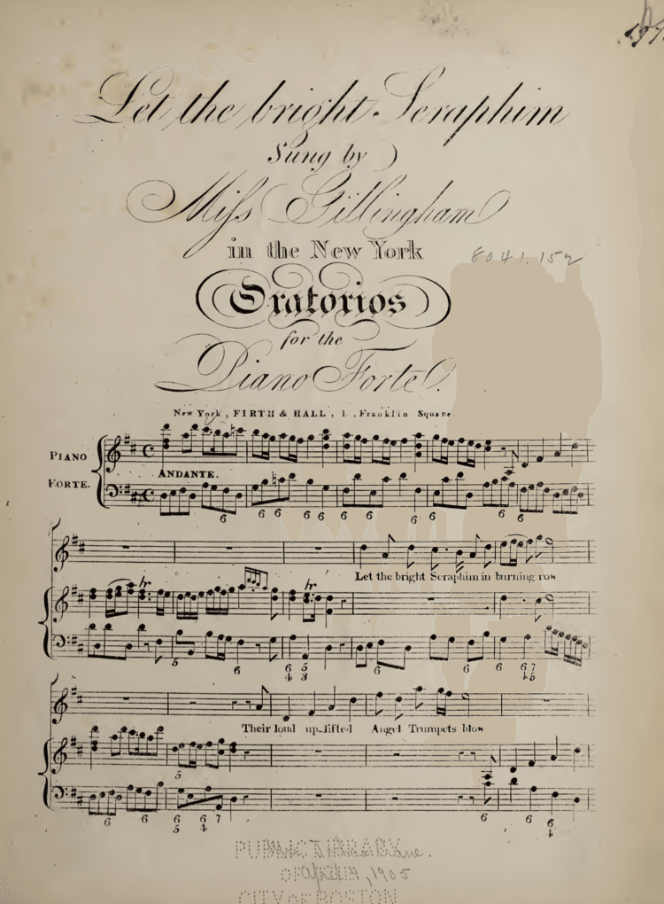 PiascoreでダウンロードしたHandelのアリア。目を凝らしてみると、下の方に、薄く、April 4, 1905 とある。Mifs Gillinghamと言う人に歌われた「Let the bright Seraphim」と、カリグラフィーの文字が踊る。