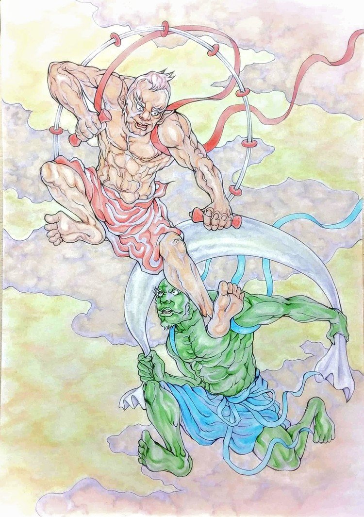 風神・雷神をモチーフにしたロシアの格闘家・シュメトフ兄弟画です。
