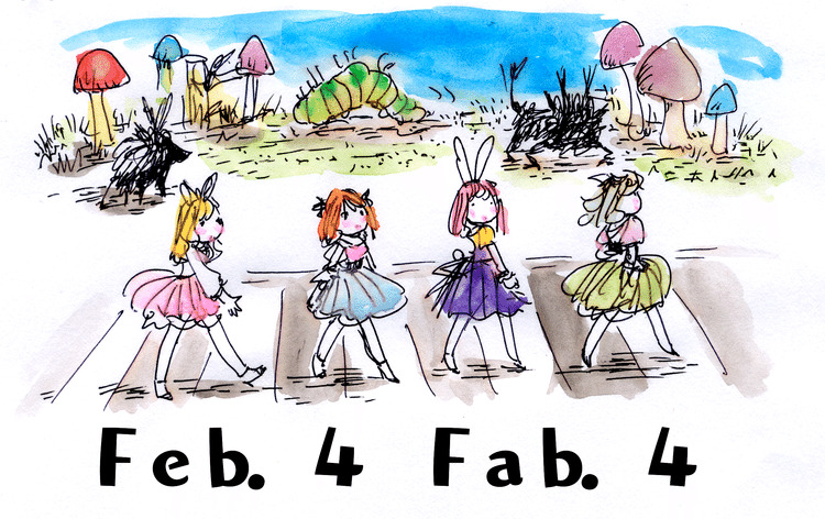Fab.4 Fabulous 4(素敵な4人組）って言うんですってビートルズを。で2月4日、Feb.4が似てるっちゅう根拠。ボールペン(acroball 0.7mm)、固形水彩。
