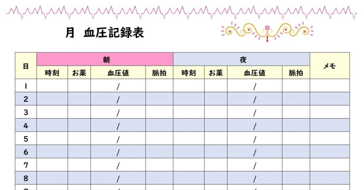 血圧記録表のテンプレート-c00019-毎日の血圧測定が楽しくなるかわいいイラスト入りA4テンプレート|簡単にWordやExcelで利用出来る ...