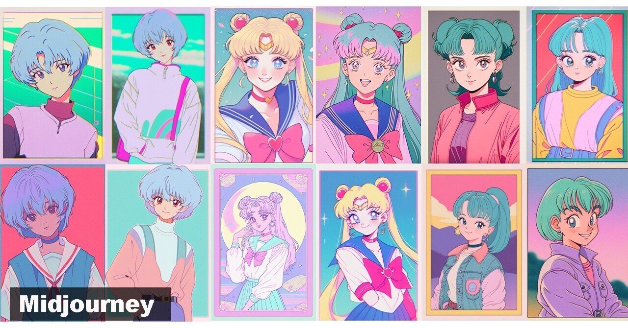 呪文「昭和っぽい絵柄、パステルカラーのアニメキャラ(女子)、ポスター