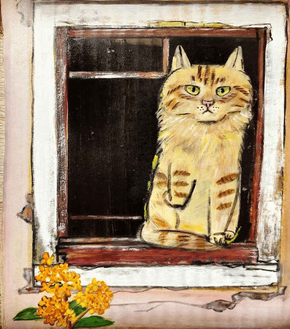 【絵画/イラスト】猫とお花 金木犀 金木犀と猫｜satomi