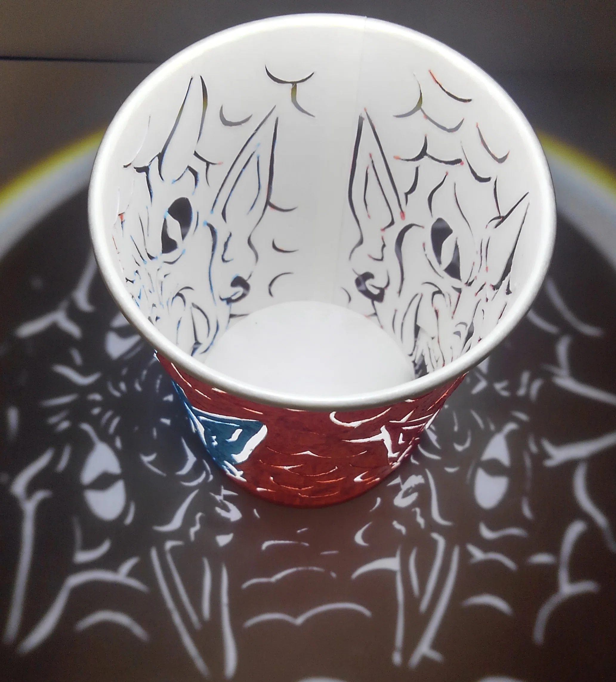 紙コップ切り絵「節分」つのつの1本赤鬼どん、つのつの2本青鬼どん